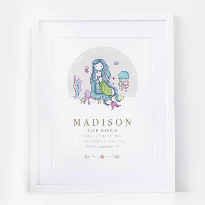 Personalised New Baby Girl Mermaid Print