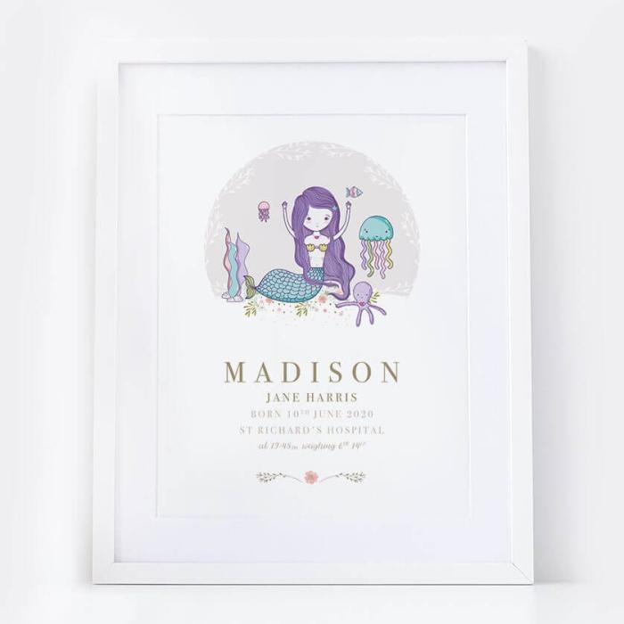 Personalised New Baby Girl Mermaid Print