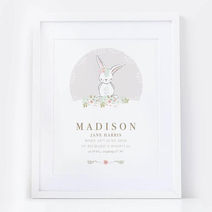 Personalised New Baby Girl Bunny Print