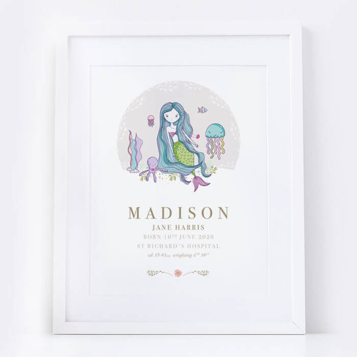 Personalised New Baby Girl Mermaid Print