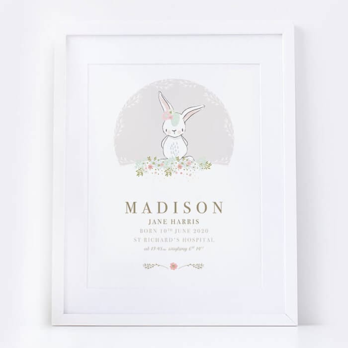 Personalised New Baby Girl Bunny Print