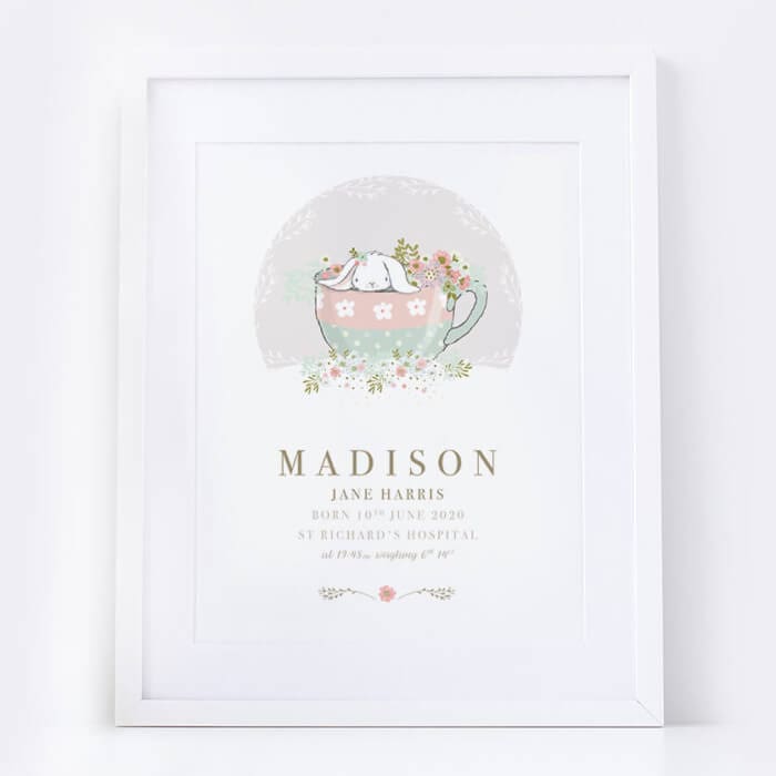 Personalised New Baby Girl Bunny Print