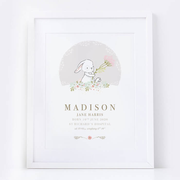 Personalised New Baby Girl Bunny Print