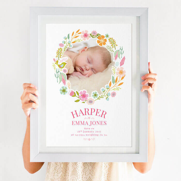 Personalised floral New Baby Photo Print