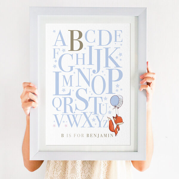 Personalised Alphabet Fox Print A IS FOR in blue