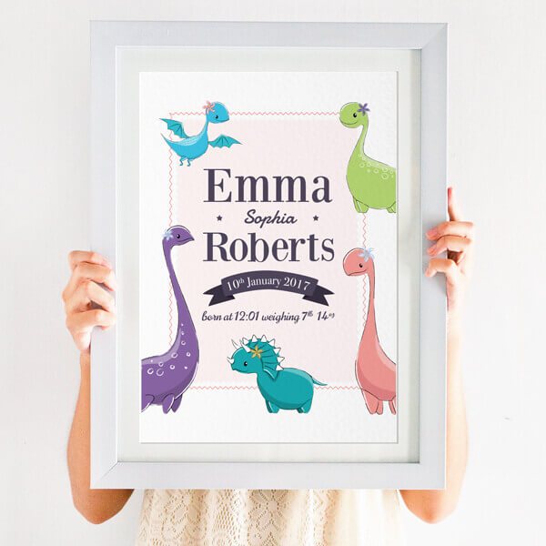 Personalised Dinosaur Nursery Print for girls