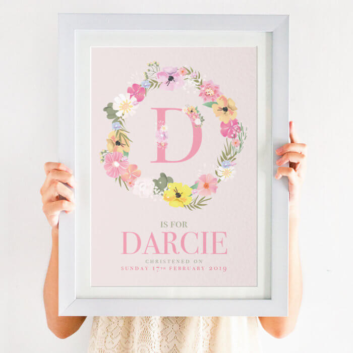 Personalised Floral Initial Girls Christening Print