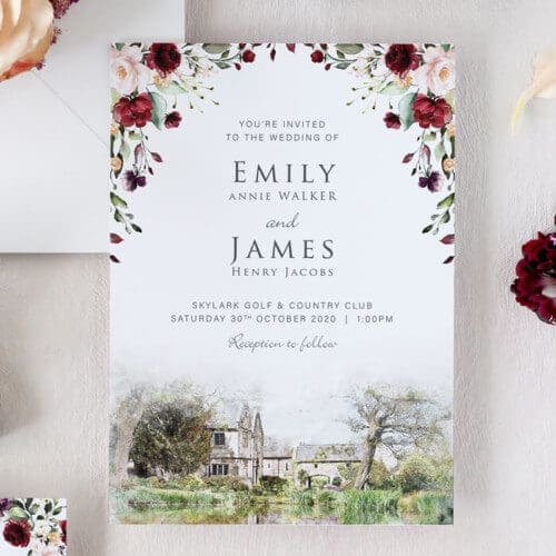 Burgundy and Blush Wedding Invitations with Venue Illustration