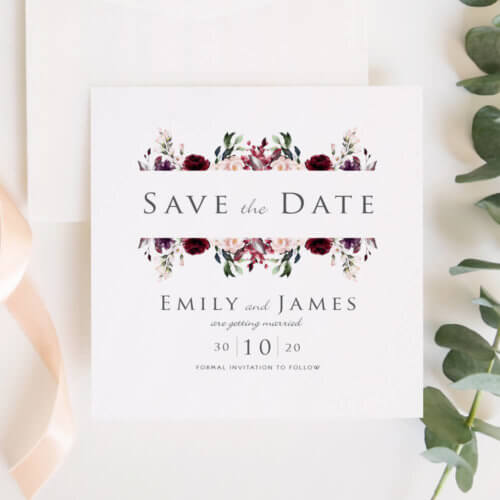 Burgundy and Blush Save The Date Invitations