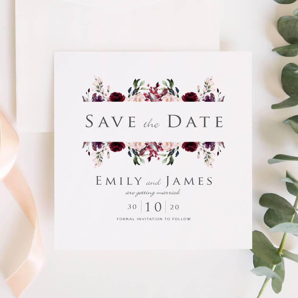 Burgundy and Blush Save The Date Invitations