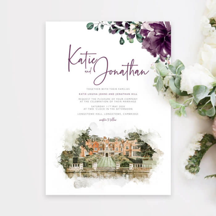 Illustrated Venue Purple Floral Wedding Invitations