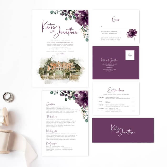 Illustrated Venue Purple Floral Wedding Invitation bundle