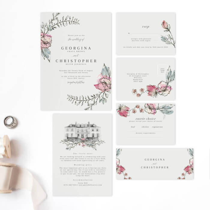 Whimsical Pink Floral Wedding Invitations