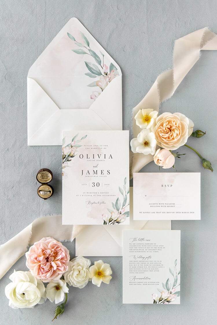 Blush and sage wedding stationery