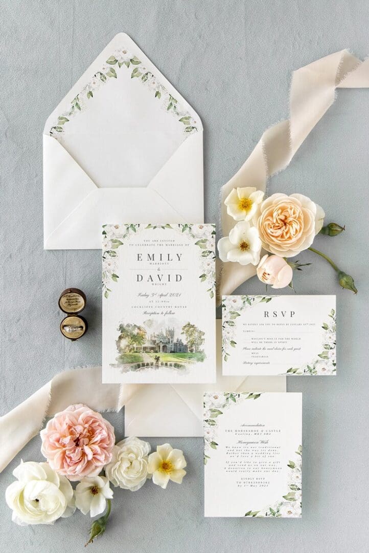 White Peony and Gypsophila Wedding Invitations with Venue Illustration