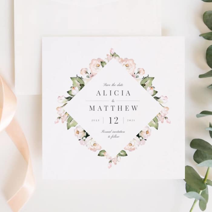 Foliage and blush save the date invitations