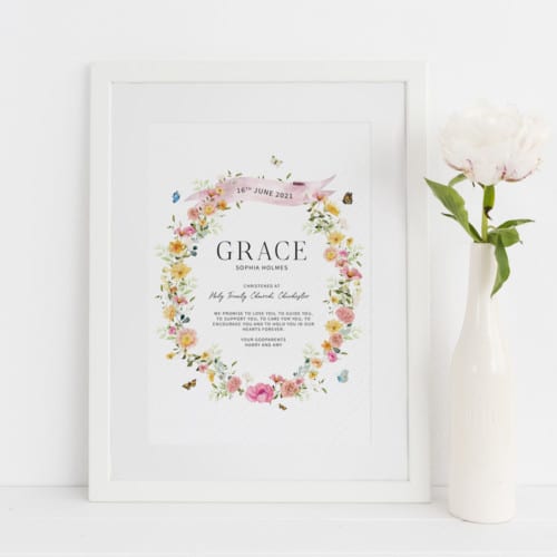 Floral Christening Gift From The Godparents Personalised Print