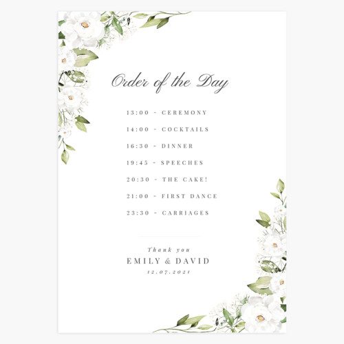 White Peony and Gypsophila Order of the Day Sign