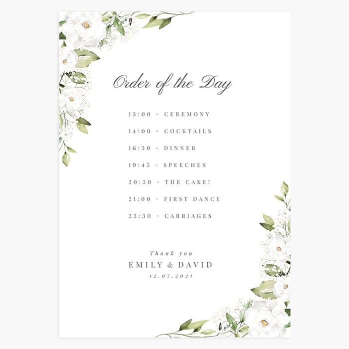 White Peony and Gypsophila Order of the Day Sign