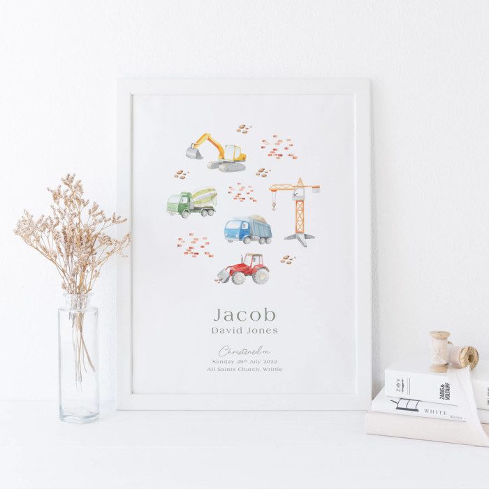 Diggers and Tractors Boys Christening Print