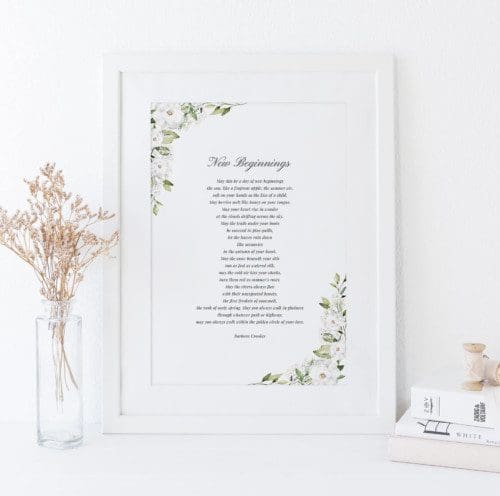 White Peony and Gypsophila Poem Print