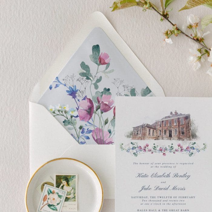 Wildflower Wedding Invitations with Venue Illustration