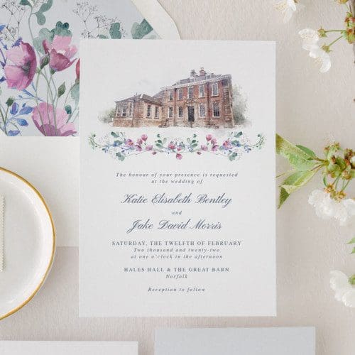 Wildflower Wedding Invitations with Venue Illustration