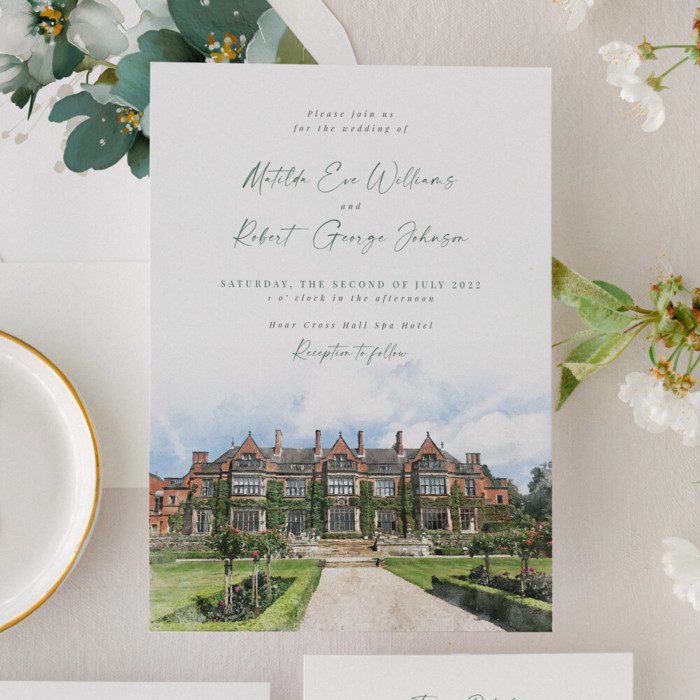 Garden Green Wedding Invitations with Venue Illustration