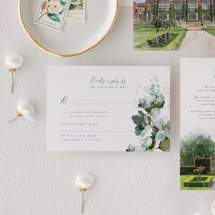 Garden Green Wedding Invitations with Venue Illustration