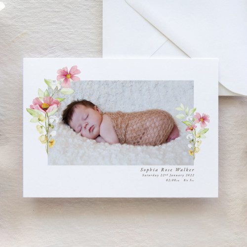 Pink floral birth announcement cards