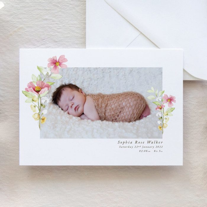 Pink floral birth announcement cards