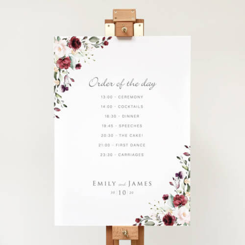 Burgundy and Blush Wedding Order of the Day Sign