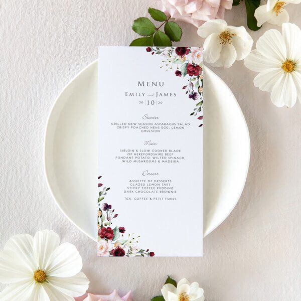 burgundy and blush wedding menu