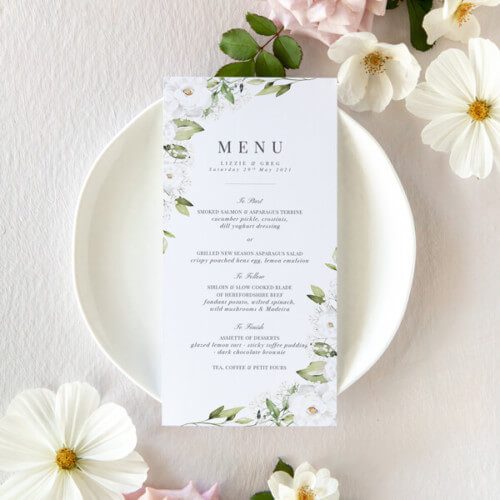 White Peony and Gypsophila wedding menu cards