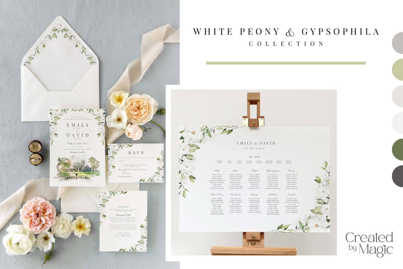 white peony and gypsophila wedding invitations collections