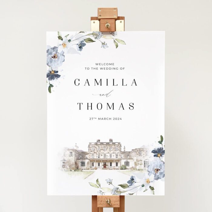 We can customise every aspect of your wedding day with our dusty blue Venue Illustration Wedding Welcome Sign that perfectly matches most themes.