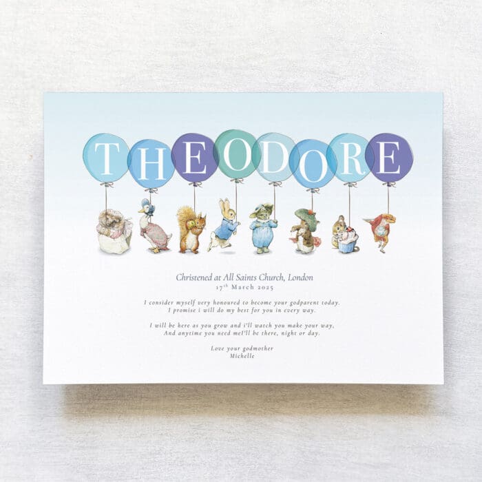 Peter Rabbit Christening print for Godson