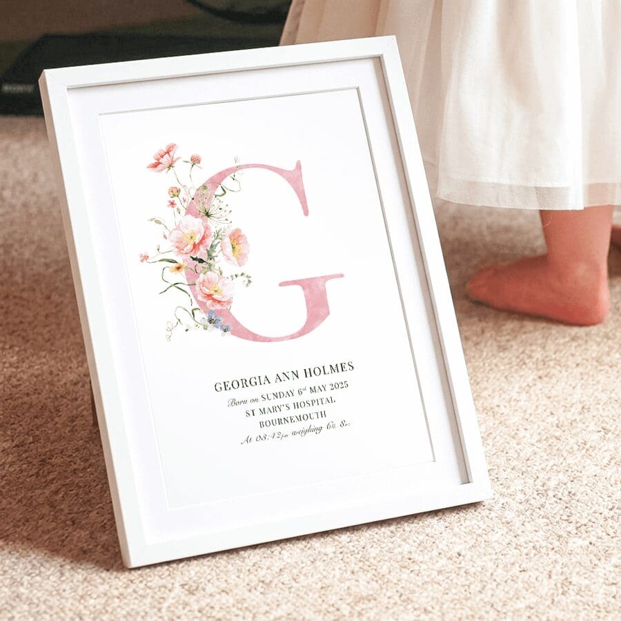 Personalised floral baby initial print