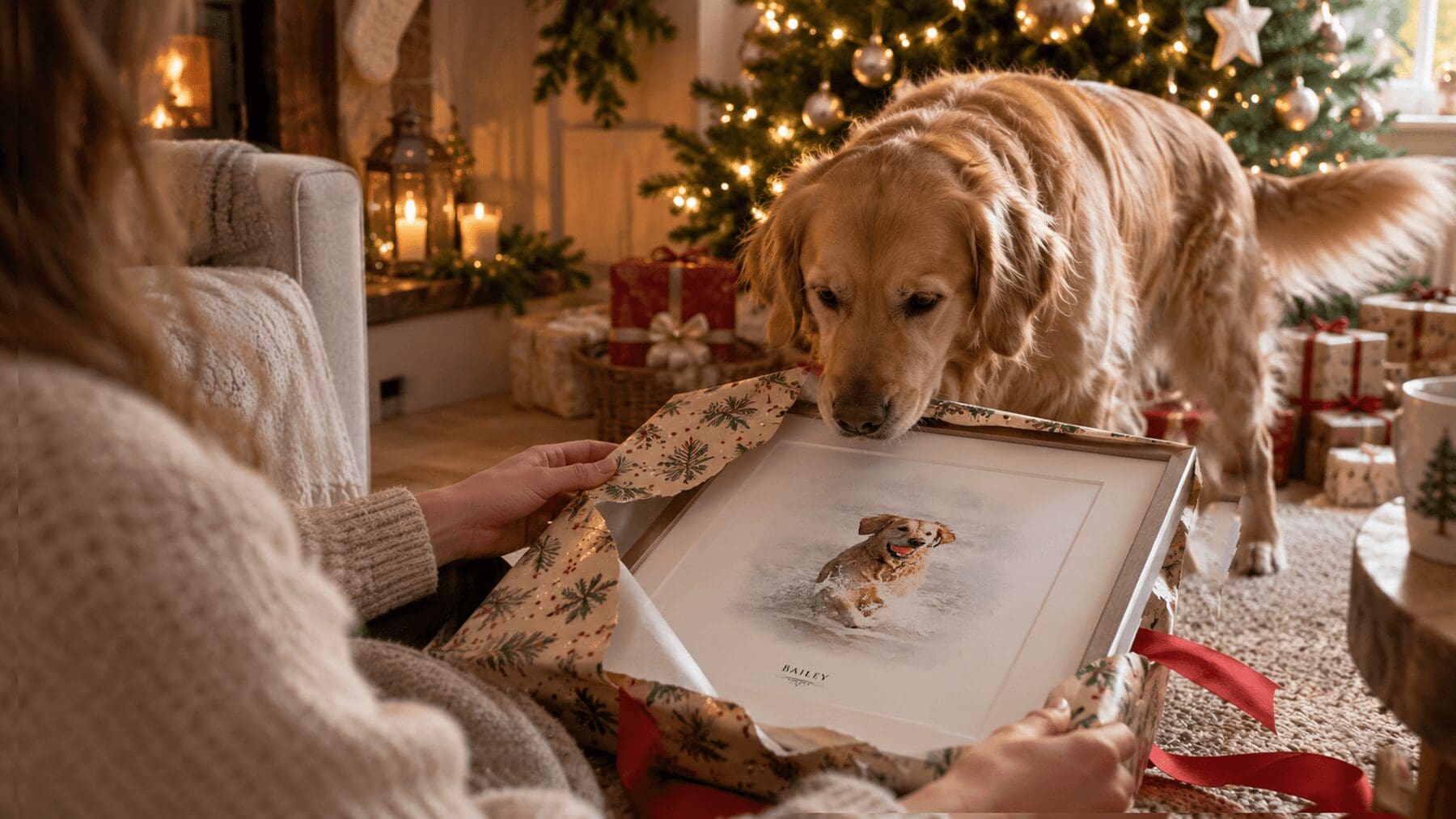 Golden retriever discovering a personalised pet portrait being unwrapped beside a Christmas tree