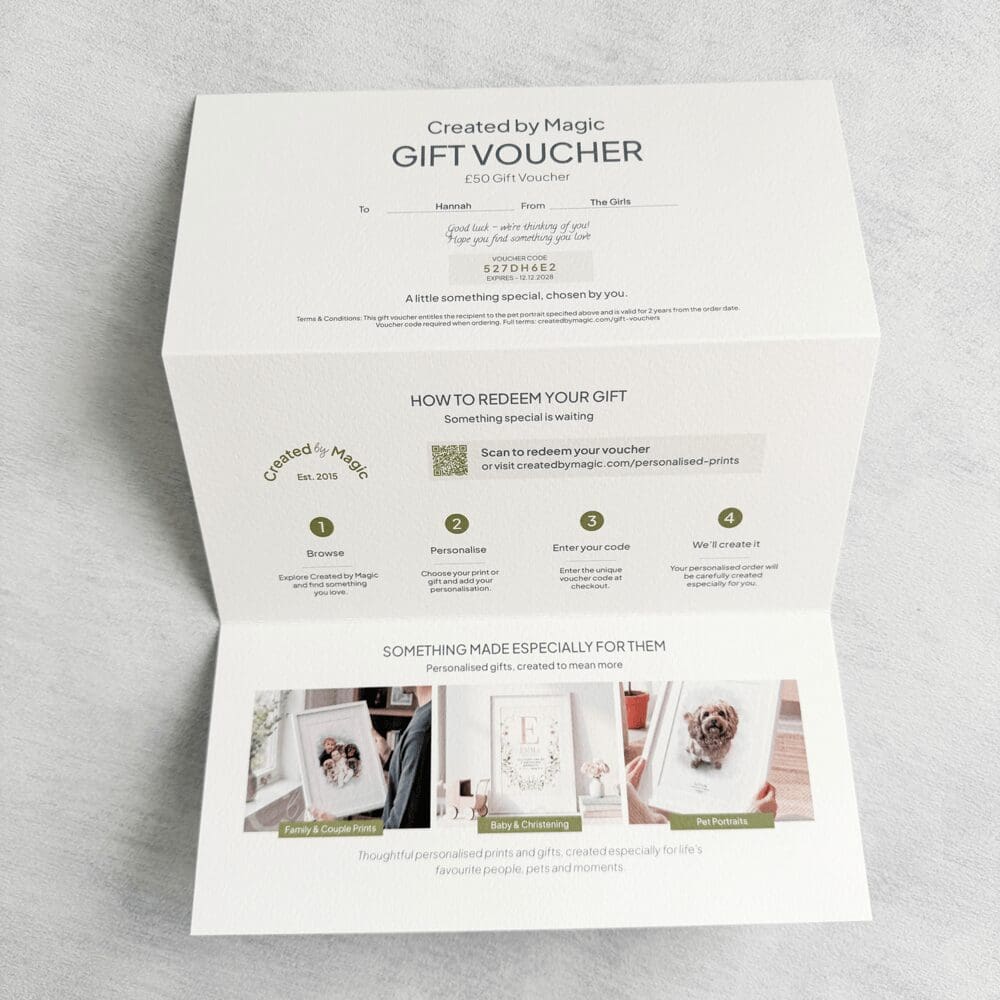Created by Magic personalised gift voucher opened to show redemption instructions and gift ideas