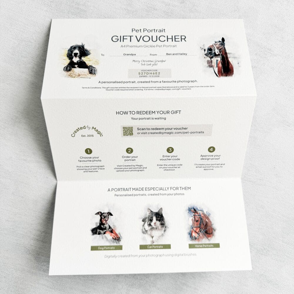 Pet portrait gift voucher opened with instructions for creating a personalised pet portrait